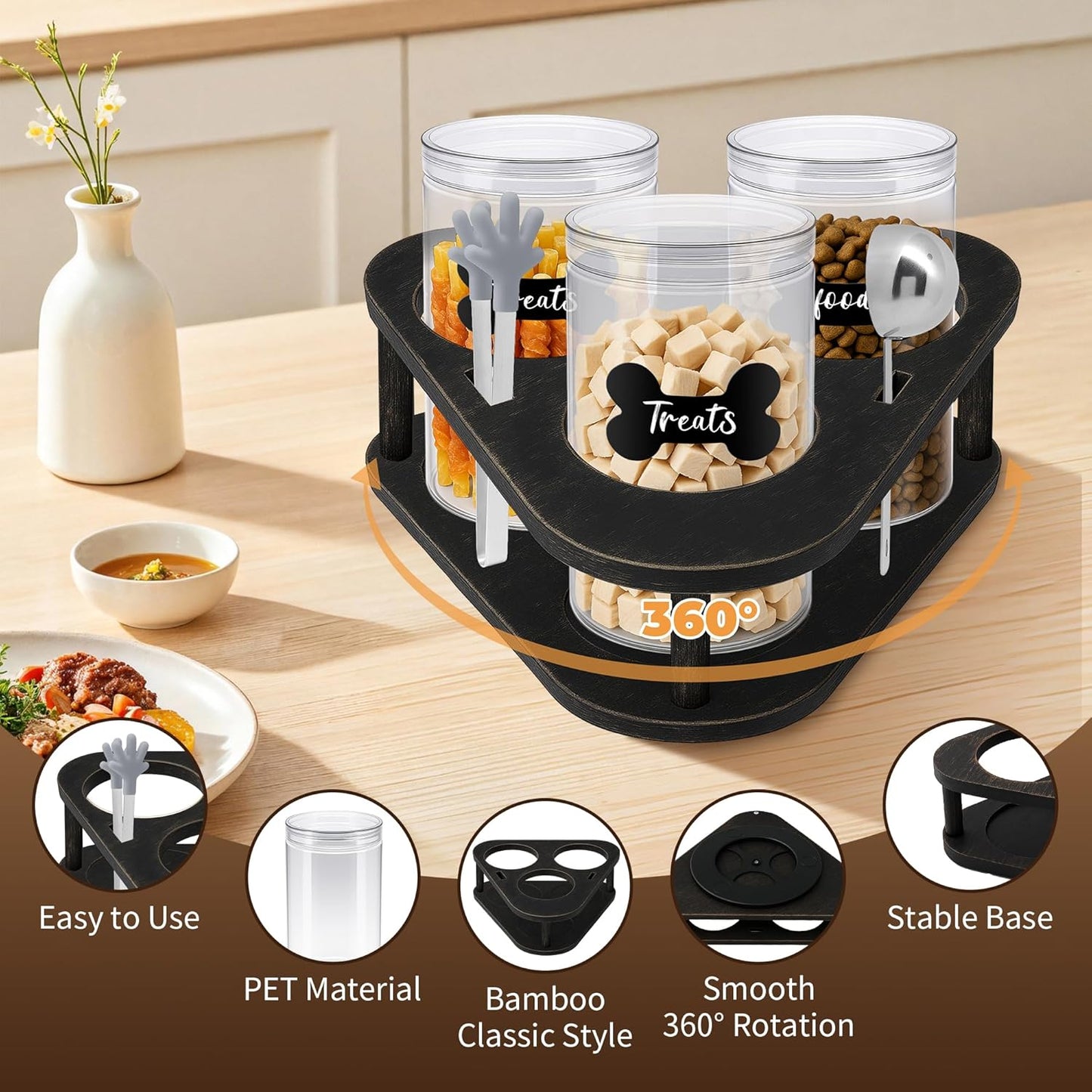 3 Pack Airtight Food Storage Containers with Lids,Clear Food Storage Jar Round Tin,Plastic Storage Canister Kitchen Pantry,Lazy Susan,Labels,Spoon,Food Tong,Pen