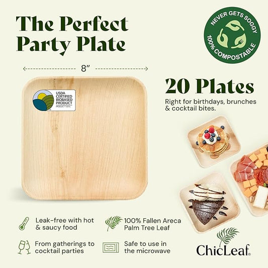 Chic Leaf Palm Leaf Plates 8 Inch - Disposable Bamboo Style Square Dinnerware for Winter Events & Ideal for Romantic Dinner for 2 - Heavy Duty, Compostable Serving Dish for Appetizers & Desser