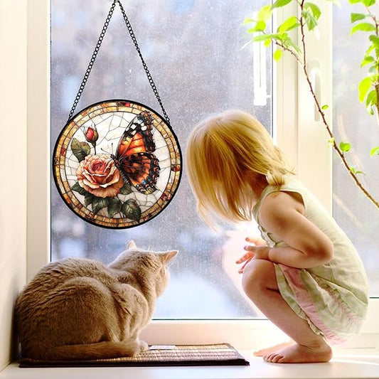 Stained Glass Window Hanging, Butterfly Picking Flowers Suncatcher for Doors Home Sun Catchers Decoration and Christmas, Mother's Day Birthday Gifts for Women, Men, and Mom 7.8 in