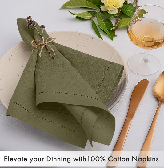 Ruvanti Cloth Napkins - 100% Cotton Dinner Napkins, Hem Stitched Corners, 18x18 Inch, 12 Pack - Soft, Absorbent, Durable, Reusable, Wrinkle Resistant for Formal Dining & Everyday Use - Capulet Olive