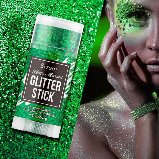 Brzeaf Waterproof Green Body Glitter Stick, Christmas Chunky Glitter for Face/Body/Hair/Eyes/Lip, Singer Concert Music Rave Festival, Glitter Stick Makeup & Face Glitter Gel for Women Men 0.56 OZ