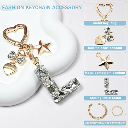 Cute Bling Keychain initial Letter Butterfly Star Pink Purple Gift for Women Girls Bag Cup Charms Accessories