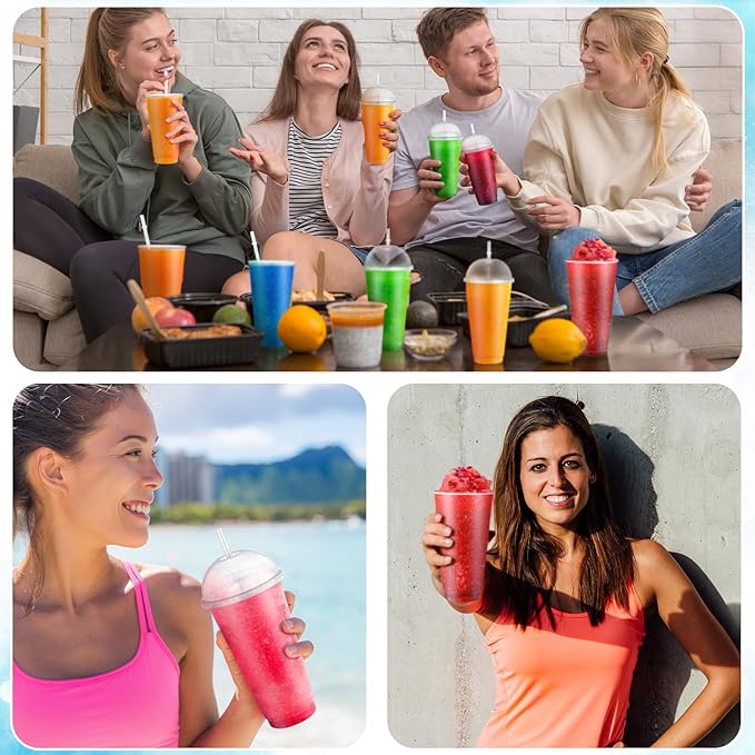 6 Set Slushie Cups with Dome Lids and Straws Detachable Spoon Straws Reusable Plastic Iced Coffee Cups Smoothie Tumbler for Birthdays Summer Party Supplies(Clear,24 oz)