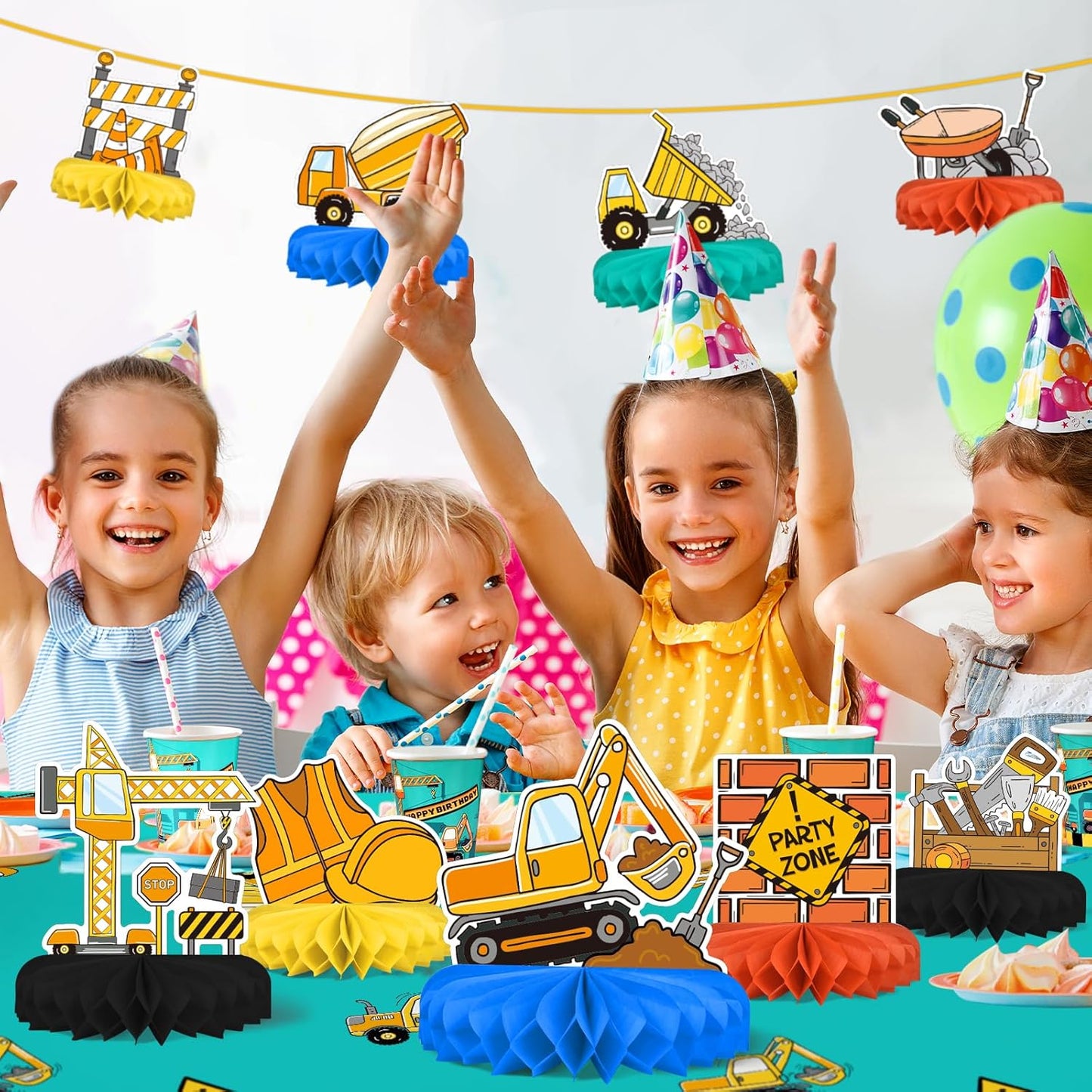 Construction Birthday Party Supplies Kit - Construction Themed Honeycomb Centerpiece ,Table Decorations for Kids' Construction Themed Birthday Party Decorations