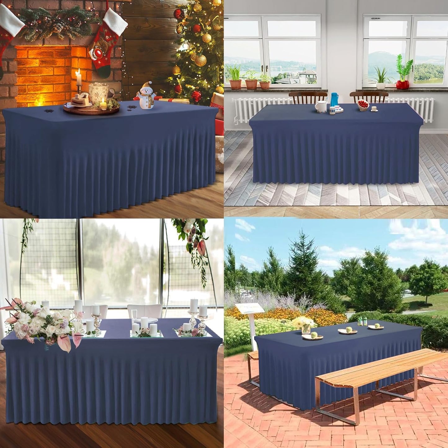 Table Skirts for Rectangle Tables 6ft - 2 Pack One-Piece Navy Blue Tablecloths and Skirt, Wrinkle Resistant Ruffles Elastic Cover for Banquets, Weddings, Events, Parties