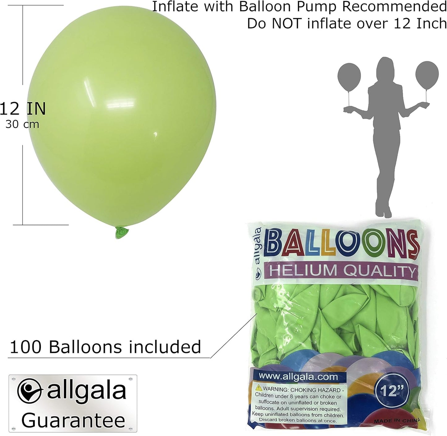 Allgala Latex Balloons for Parties | Helium Grade Bulk Balloon Pack | Ideal for Birthday Party Decorations, Baby Shower, Christmas Party | Colored Balloons for Events | 100ct 12" - Lime