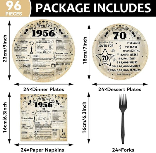 CHUNNIN 96Pcs 70th Birthday Plates and Napkins Back in 1956 Party Decorations Vintage 70 Year Old Party Dessert Plates 1956 Birthday Tableware for 24 Guests 70th Theme Men Woman Bday Parties Supplies