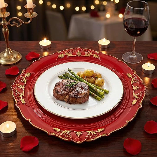 Red Charger Plates, 13 Inch Embossed Chargers for Dinner Plates. Plastic Charger for Wedding, Party. (Set of 6)