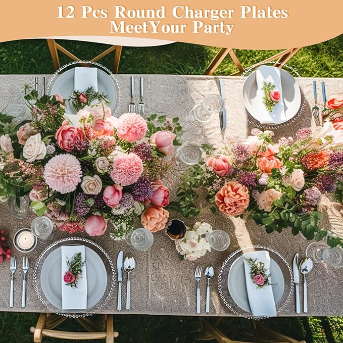 Hoolerry 12 Pack Clear Charger Plates Bulk 13 Inch Plastic Round Beaded Dinner Chargers Acrylic Frosted Grain Decorative Service Plates for Wedding Party Event, Home and Kitchen Tabletop (Transparent)