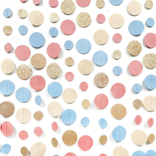 Champagne Gold Dusty Pink Blue Cream Beige Circle Dot Hanging Streamer Polka Dot Garland Banner for Baby Shower Birthday Wedding Bridal Shower Engagement Boho Gender Reveal Party Decorations Supplies
