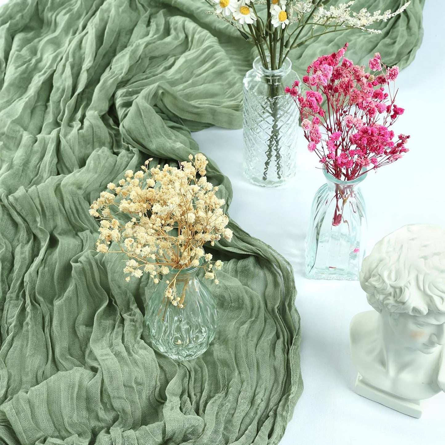 6 Pack 10FT Sage Green Cheesecloth Table Runner 35x120 Inch Gauze Rustic Boho Table Runner Cheese Cloth for Wedding Decor Birthday Party Bridal Baby Shower Table Centerpiece Decoration