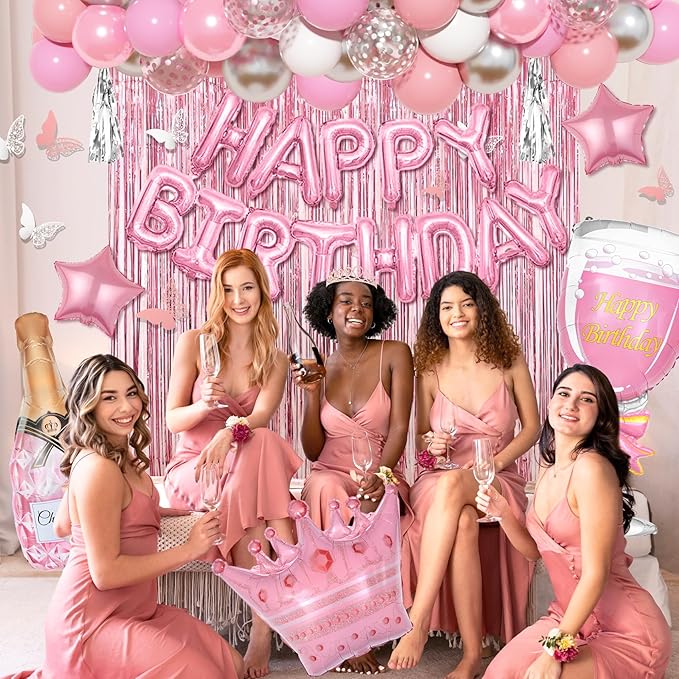 Amandir Pink Birthday Decorations for Women Girls, Silver Pink Confetti Foil Balloons Happy Birthday Banner Butterfly Fringe Curtains Cake Topper for Princess Party Supplies Decor