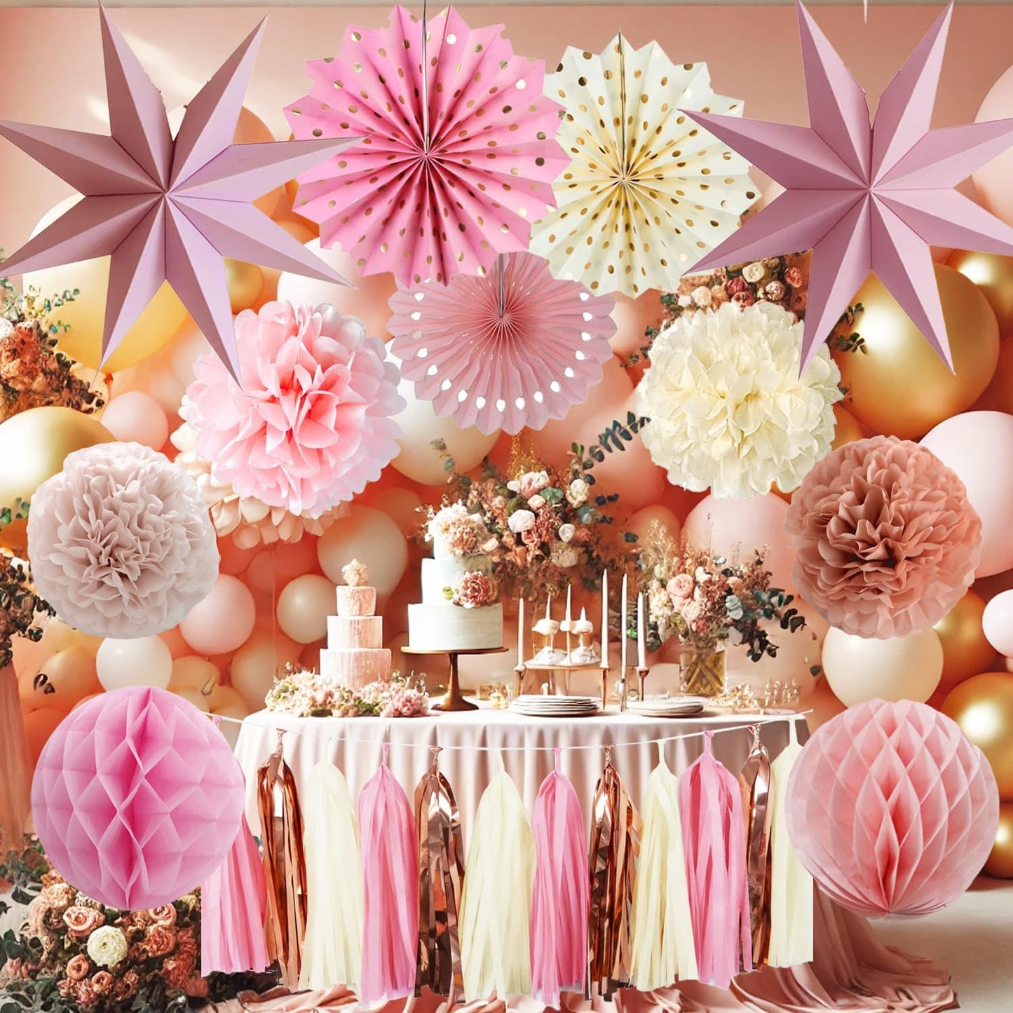 Pink Party Decorations - Dusty Pink Birthday Decoration - 15PCS Boho Decorations for Women Men Girl Boy,Hanging Backdrop Decor for Engagement,Boho Wedding,Baby Shower,Bridal Shower,Garden Party