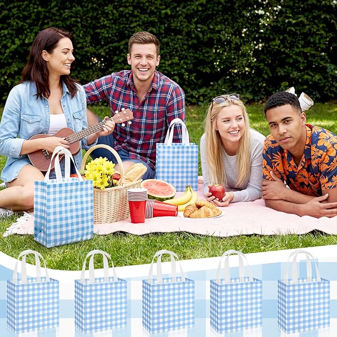 Sweetude 16 Pcs Blue White Checkered Gift Bags with Handles Gingham Blue and White Party Favors Non-woven Reusable Tote for Women Wedding Birthday Baby Shower Mother's Day Party Decorations
