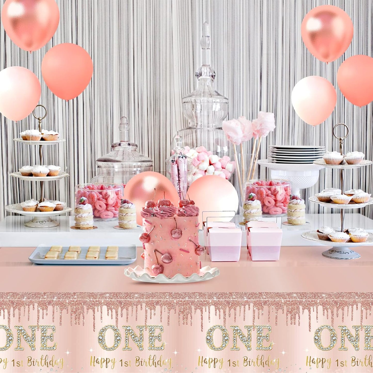 Excelloon 3 Pcs 1st Birthday Tablecloth Decorations for Baby, Pink Rose Gold First Birthday Theme Table Cover Party Supplies, One Year Old Birthday Plastic Disposable Rectangular Table Cloth Decor