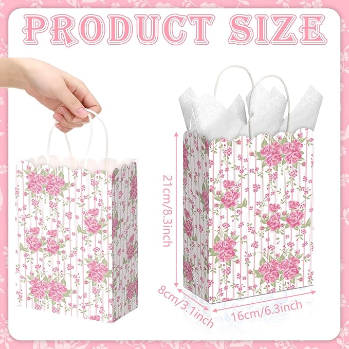 Kolldenn 24 Pcs Vintage Floral Party Gift Bags with Handles Paper Candy Treat Goodie Bags Scalloped for Birthday Decoration for Bridal Baby Shower Tea Party Supplies
