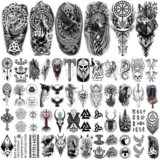 77 sheets Viking Temporary Tattoos Adult, Nordic Celtic Tattoos, Totem Tribal Fake Tattoo Stickers for Viking Costume, Nordic Norse Yggdrasil Valknut Fake Arm Tattoos for Women Men Kids