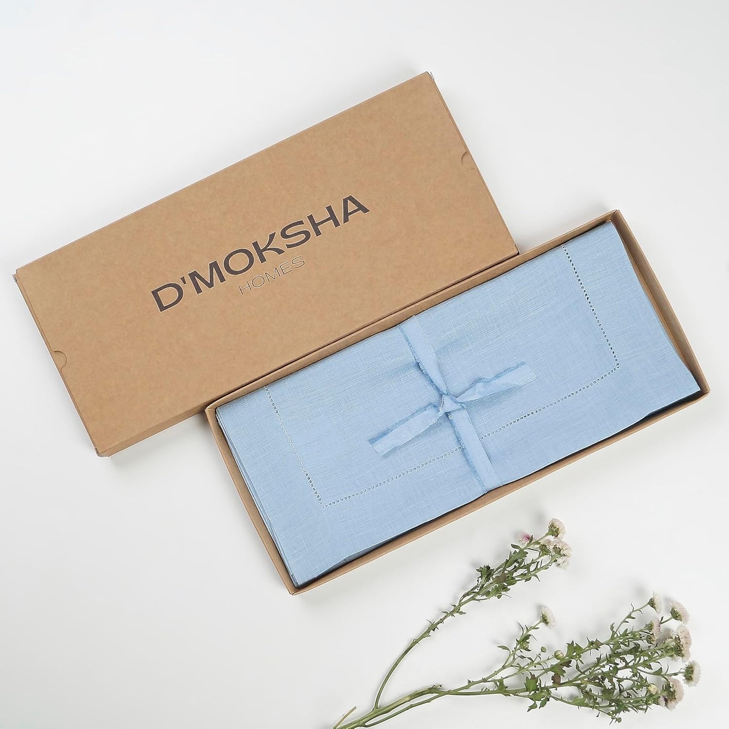 D'Moksha Homes Linen Powder Blue Table Runner 120 Inches Long - 100% Pure Linen Hemstitch 14 x 120 Inch Table Runner for Dining, Fall, Autumn and Halloween - Classic Hemstitch