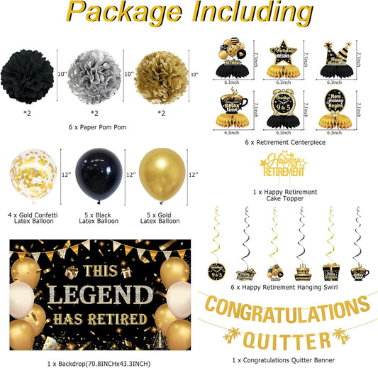 DARUNAXY Black Gold Retirement Party Decorations, This Legend Has Retired Banner Congratulations Quitter Hanging Swirl Honeycomb Confetti Balloons Black & Gold Tissue Paper Pom Poms & Cake Topper