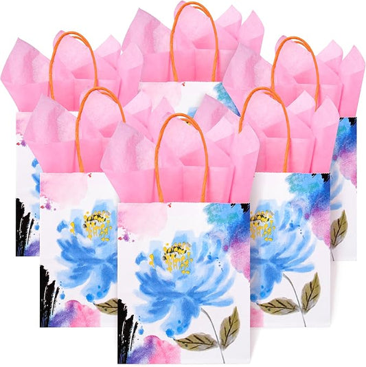 24 Pack Mini Watercolor Floral Paper Gift Bags Small Pink Party Favor Bags with Handles and Tissue Paper for Wedddings, Bridal Baby Showers, Birthdays, Valentines, Mother's Day, 6.5x5.5x3 Inch