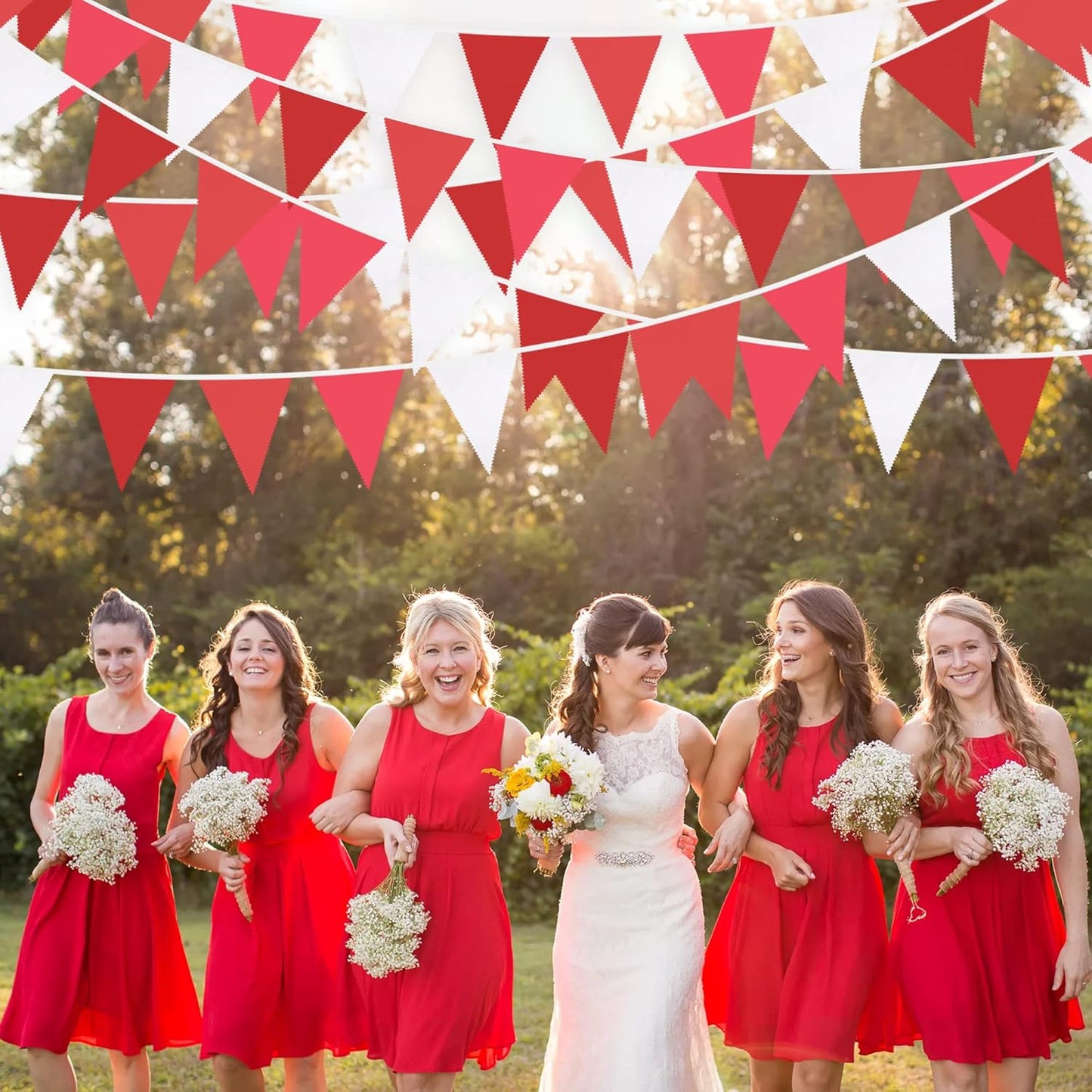 32Ft Red Pennant Banner Fabric Triangle Flag Bunting Garland Streamers for Wedding Engagement Bridal Shower Anniversary Bachelorette Birthday Party Home Outdoor Garden Hanging Festivals Decoration