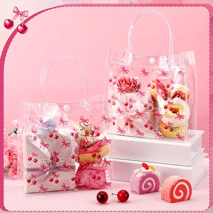 Tioncy 24 Pcs Cherry Party Favor Bags Pink Bow Red Cherries Clear PVC Gift Bags with Handles Candy Treat Basket for Little Cutie Baby Shower Decorations Wedding Birthday Summer Party Supplies