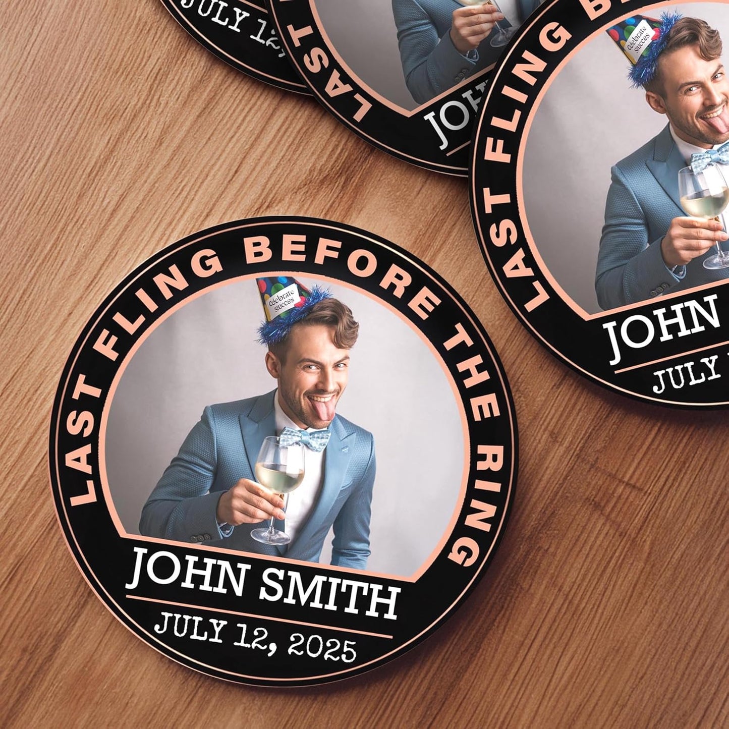 60 Pack Personalized Bachelor Party Coasters, Custom Cardboard Drink Coasters with Photo Print and Text, Fun Bachelor Party Favors and Gifts, 3.95" Round, Design 4