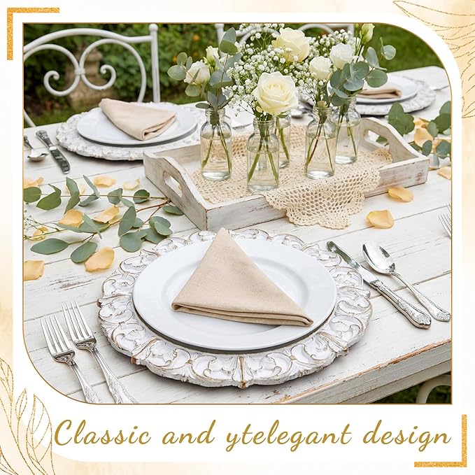 30 Pcs Antique White Charger Plates Bulk 13 Inch Embossed Rim Plastic Round Decorative Vintage Plates Charger for Dinner Wedding Party Event Table Setting Decoration (Vintage)