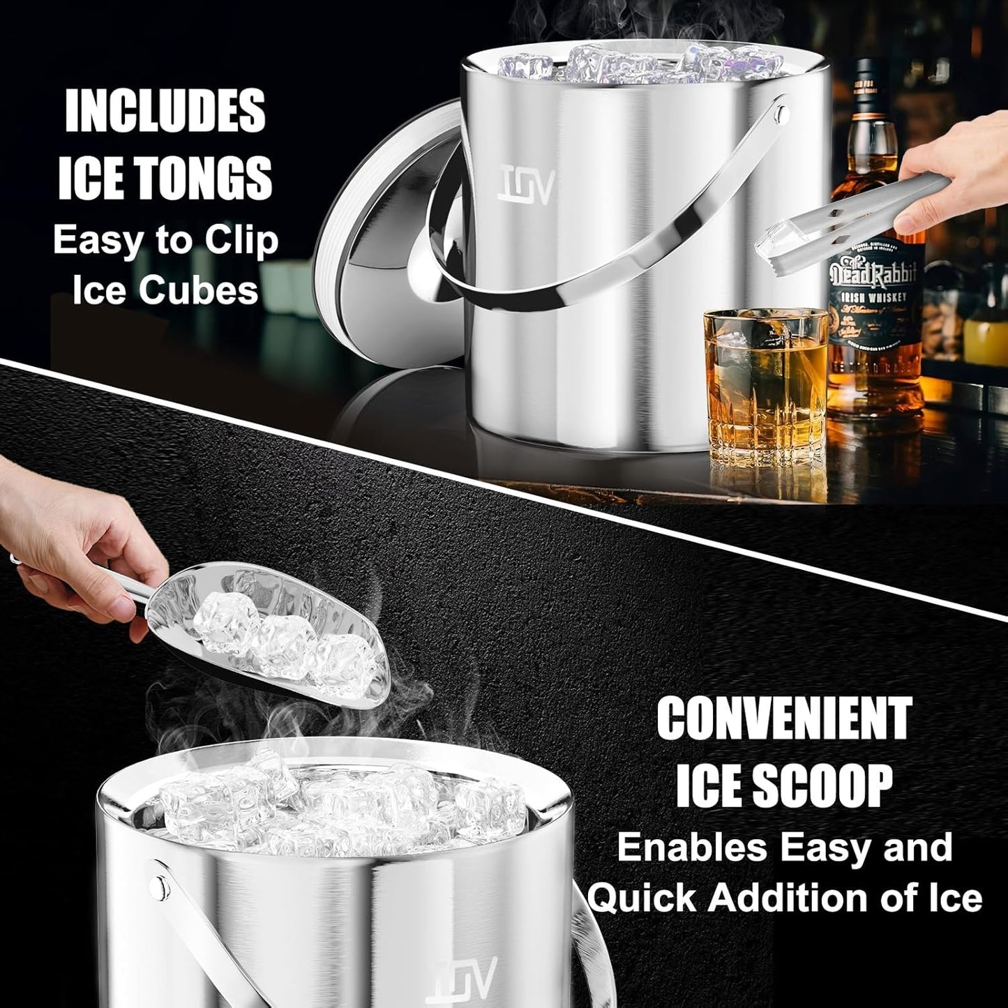 IOV Ice Bucket with Lid, Scoop, Tongs, and Strainer, 3 L Stainless Steel Double Wall Insulated Ice Bucket for Parties, Keeps Ice Frozen Longer, Ideal for Cocktail Bars, Freezers, and Wine - Silver