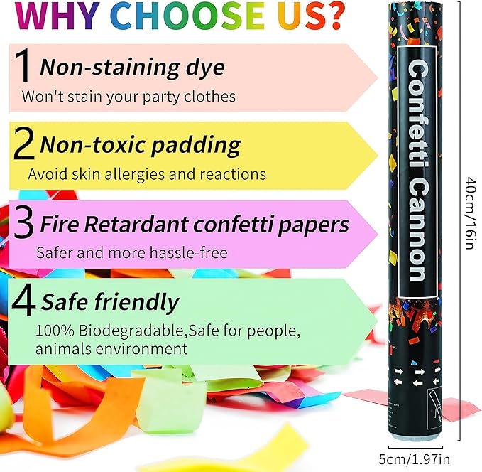 16in Biodegradable Confetti Poppers,Confetti Cannons Bulk with Colorful Confettis Design for Ceremony Party Favor Supplies,Birthday Holiday,valentines Day Party Easter Graduation 2026(2Pack)