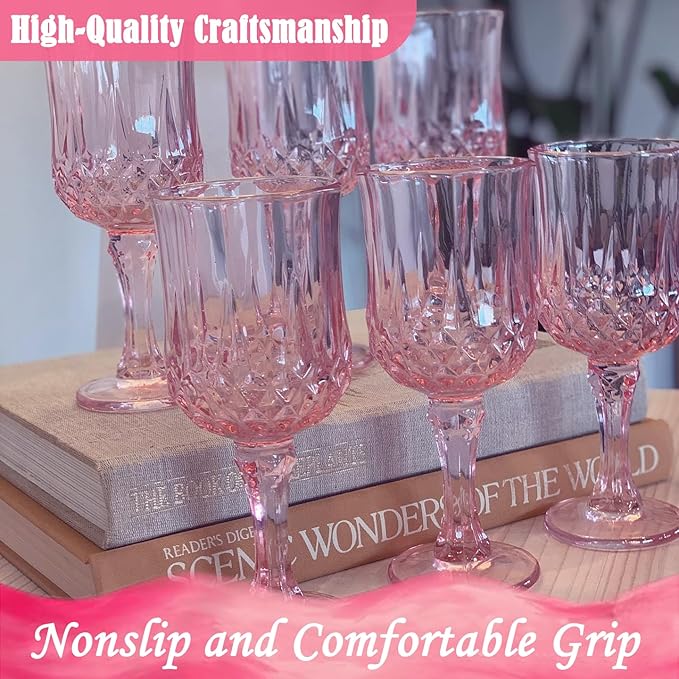 Plastic Wine Glasses, Plastic Goblets Vintage Style Cordial Unbreakable Drinking Glasses,Reusable Drinkware for Wedding Reception, Grand Event Party Supplies, Easter(24, Pink)