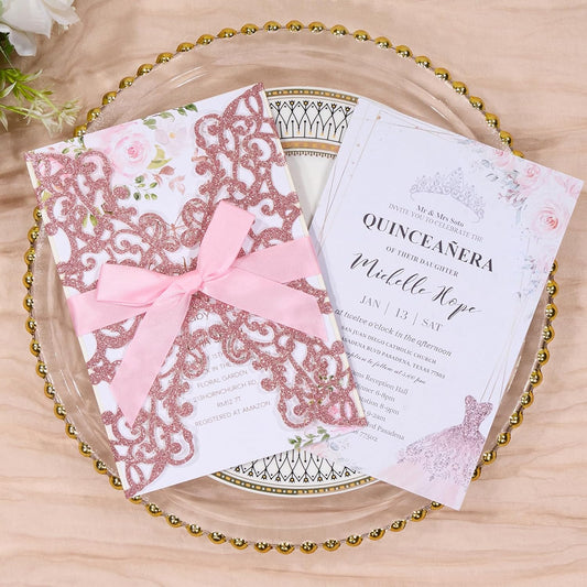 50Pcs Pink Glitter Laser Cut Wedding Invitations with Envelope and RSVP Blank Quinceanera Invitation Cards and Bow Ribbon for Bridal Baby Shower Engagement XV Anos Sweet 16 Birthday Invitation Girl