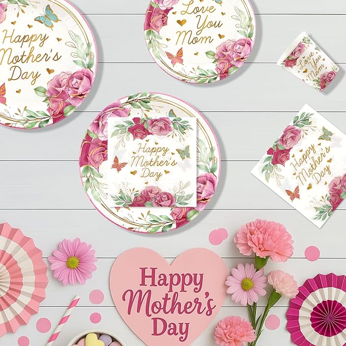 Mothers Day Decorations Happy Mother's Day Party Supplies Set for 24-Disposable Paper Plates, Napkins, Cups, Mother's Day Celebration Party Decor for Outside, Picnic