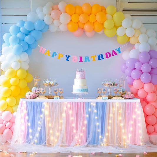 9FT Rainbow Tulle Table Skirt for Rectangle or Round Tables Rainbow Tutu Table Skirt with LED Lights for Princess Birthday Party Baby Shower Gender Reveal Wedding Banquet Cake Dessert Decorations