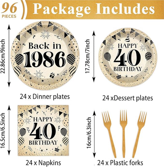 96Pcs 40th Birthday Party Paper Plates and Napkins for Back in 1986 Themed Party Supplies Vintage 40 Year Old Dessert Plates 40th Tableware for Men Women Birthday Gatherings Decorations