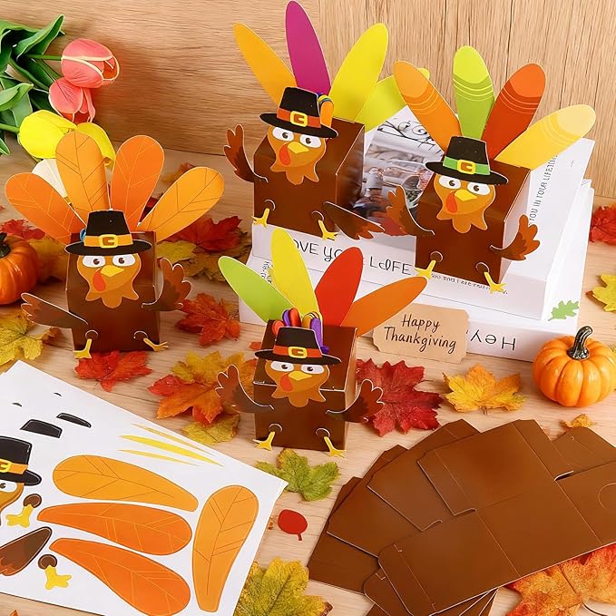 FULAIERGD 32 Set Fall Thankful Turkey Craft Kit - Fall DIY Turkey Paper Boxes Thanksgiving Turkey Jar Craft Gratitude Prayer Turkey Jar Christian Party Favor for Fall Activities Home Party Supplies