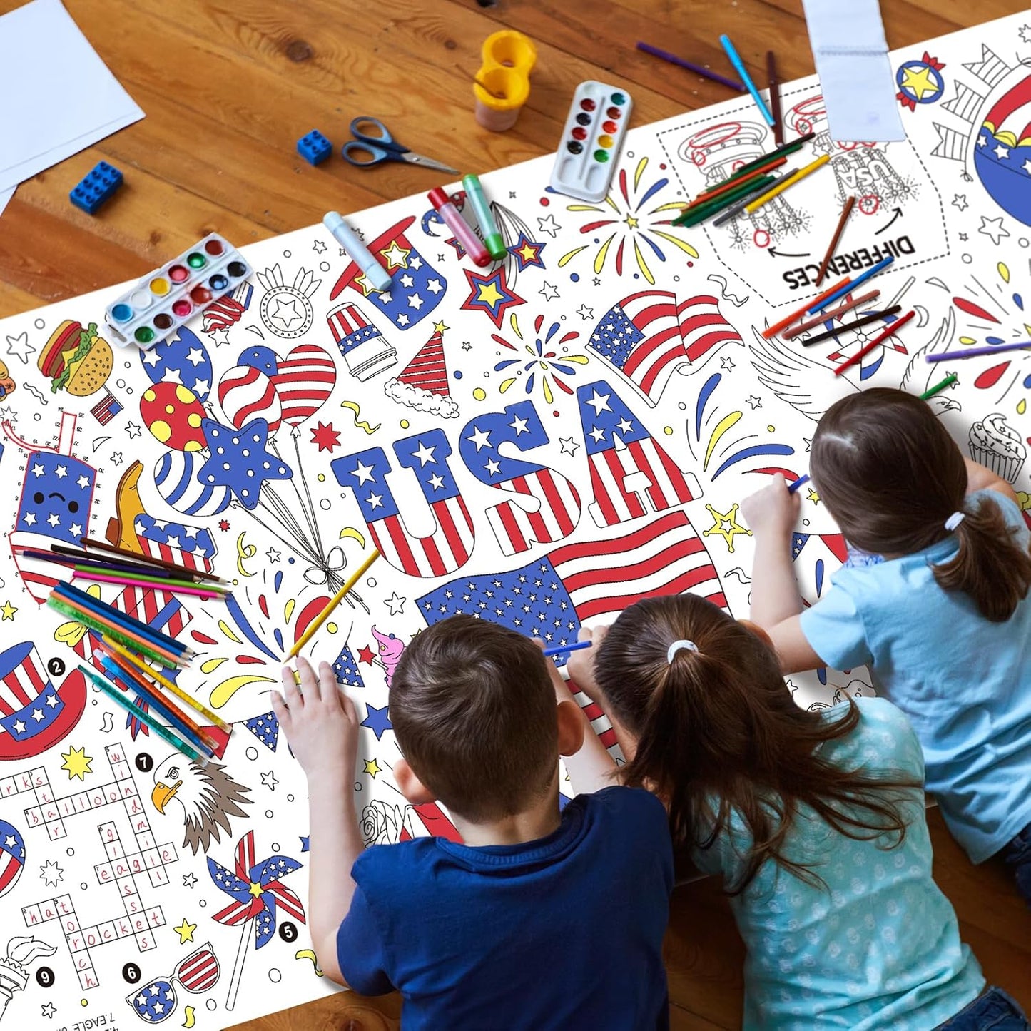 Gatherfun 4th of July Patriotic Coloring Tablecloth 31.5x72 - American Flag-Themed Giant Poster for Independence Day Decor & Activities for Classroom or School Party Table Cover