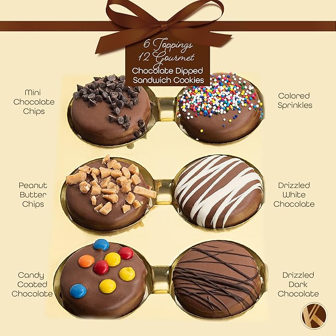 KREMERY Creamy Chocolate Cravings - Halloween Treats For Adults Chocolate Covered Sandwich Cookies & Cream Gift Basket, in Sectional Gift Box (12 Cookies, Assorted Sweet Toppings) Holiday Christmas