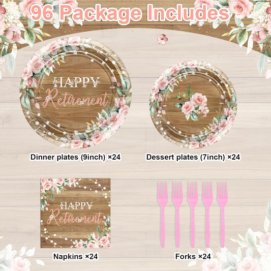 Avezano 96 PCS Retirement Party Decorations Rustic Pink Floral Happy Retirement Plates Tableware Women Farewell Party Supplies, Serves 24