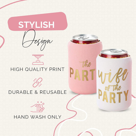 Wife of the Party and The Party Bachelorette Can Coolers - Set of 12, Perfect for Decorations and Bridesmaid Gifts (Dusty Rose, Regular)