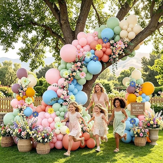 Blue Green Pink Balloon Arch with Cosmos Kelsang Flowers Double Stuffed Pastel Green Purple Yellow Beige Balloons for Wildflower Baby Shower Easter Spring Tea Gender Reveal Bridal Party Decor