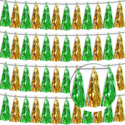 4P Sage-Green Gold Tassel Banner Garland Metallic Foil Fringe Banner Tinsel Tassels Streamer Banner Backdrop for Parade Floats, Graduation Decorations, Woodland Party Decoration