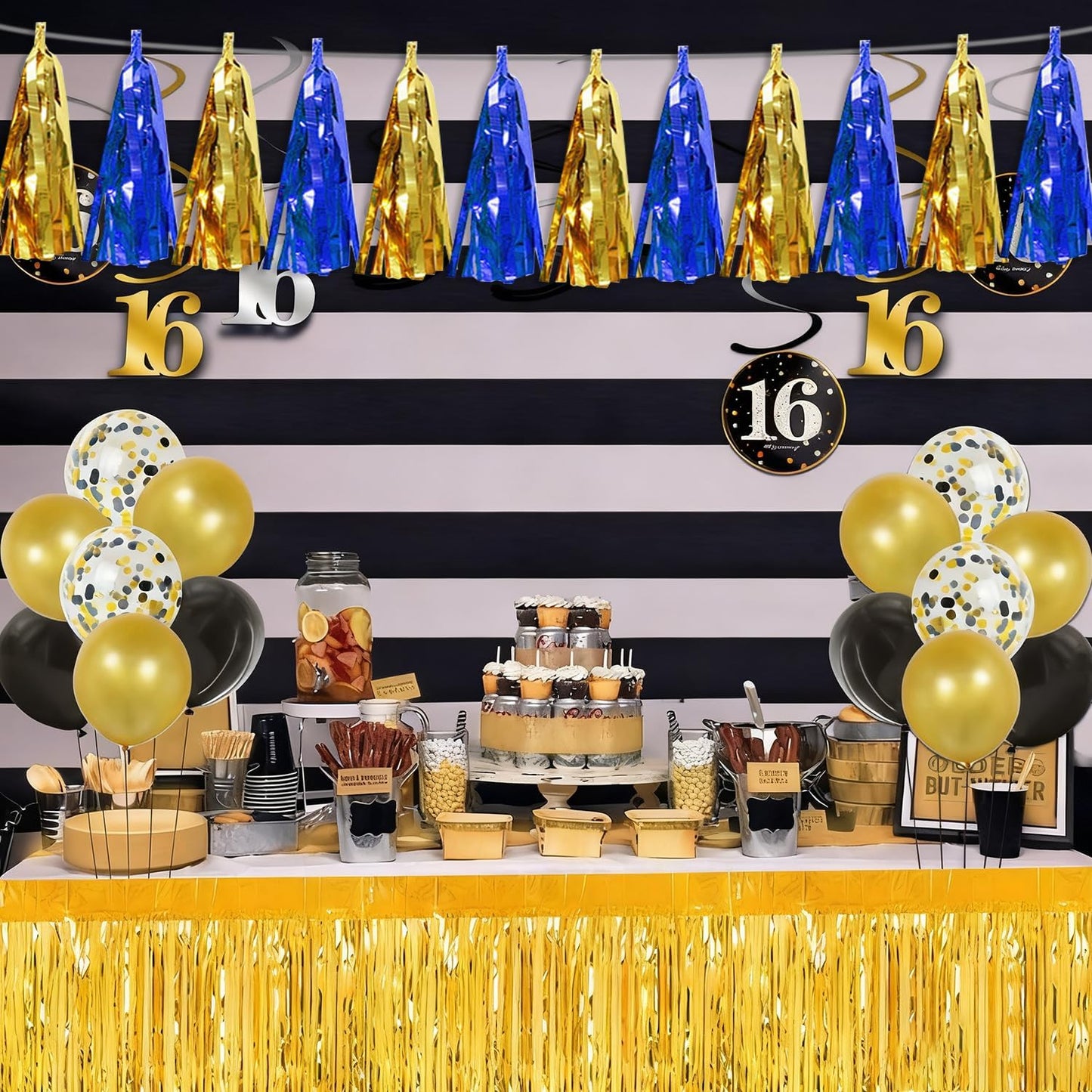 4PNavy-Blue Gold Tassel Banner Garland Metallic Foil Fringe Banner Tinsel Tassels Streamer Banner Backdrop for Parade Floats Birthday Graduation Christmas Bridal/Baby Shower Party Decorations