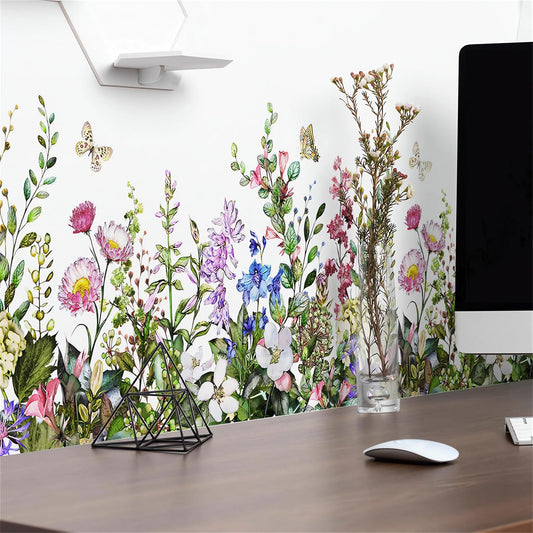 Colorful Flower Butterfly Greenery Wall Sticker,sacinora Floral Art Green Plants Wall Decal Removable Vinyl Peel and Stick for Living Room Bedroom Children's Room Kitchen Sofa TV Background Decoration