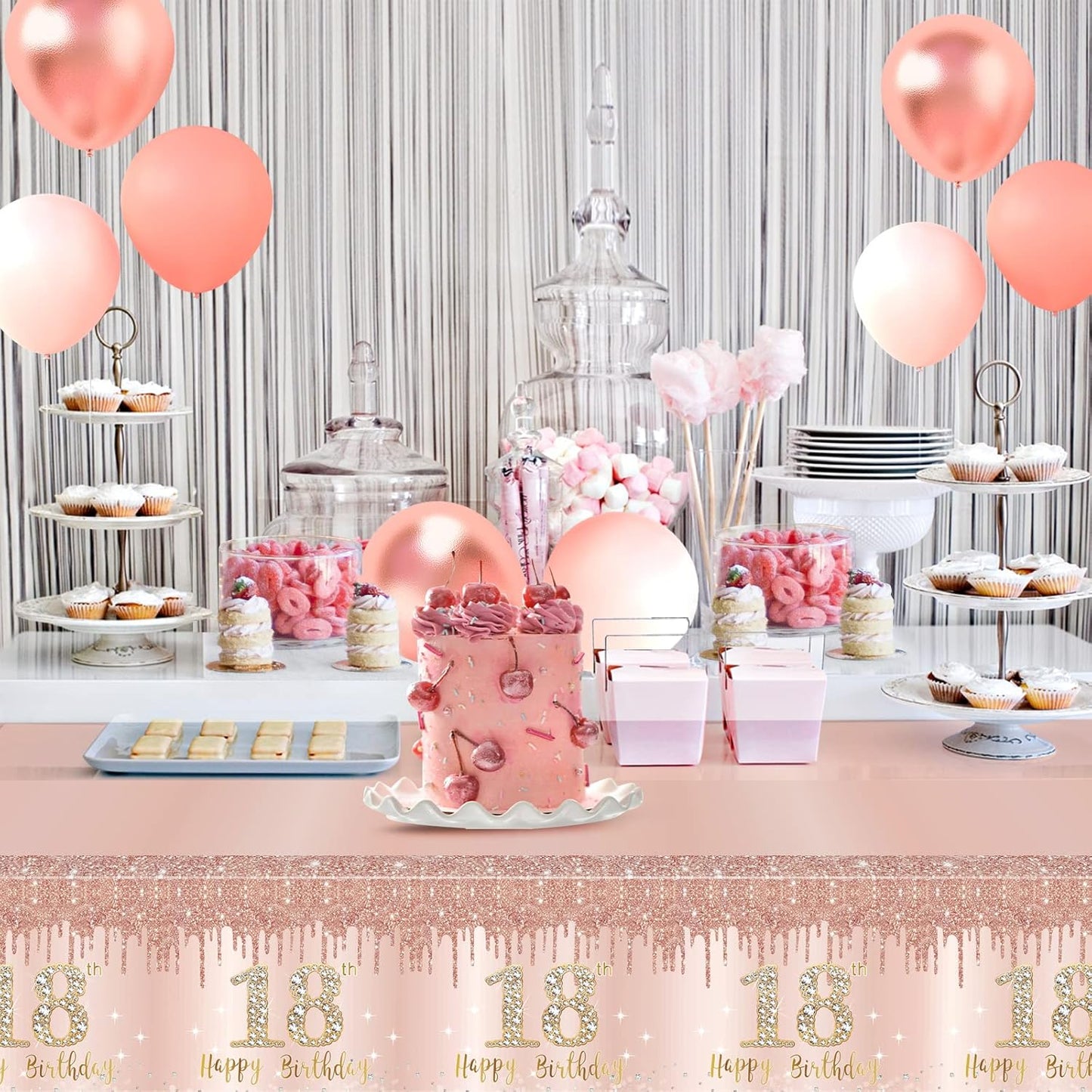 3 Pack Pink Rose Gold 18th Birthday Tablecloth Decorations, Happy Eighteen Theme Party Supplies, Plastic Disposable Rectangular Table Cloth Decor