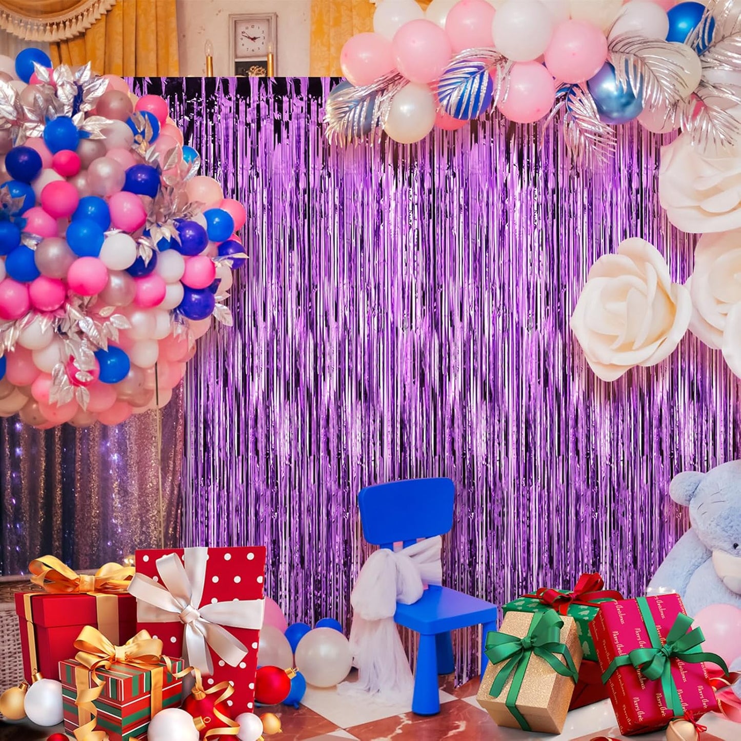 Crosize 5 Pack 3.3 x 9.9 ft Purple Foil Fringe Curtains Party Decorations, Purple Tinsel Curtain Backdrop for Parties, Door Streamers, Glitter Streamer Backdrop for Birthday Decoration
