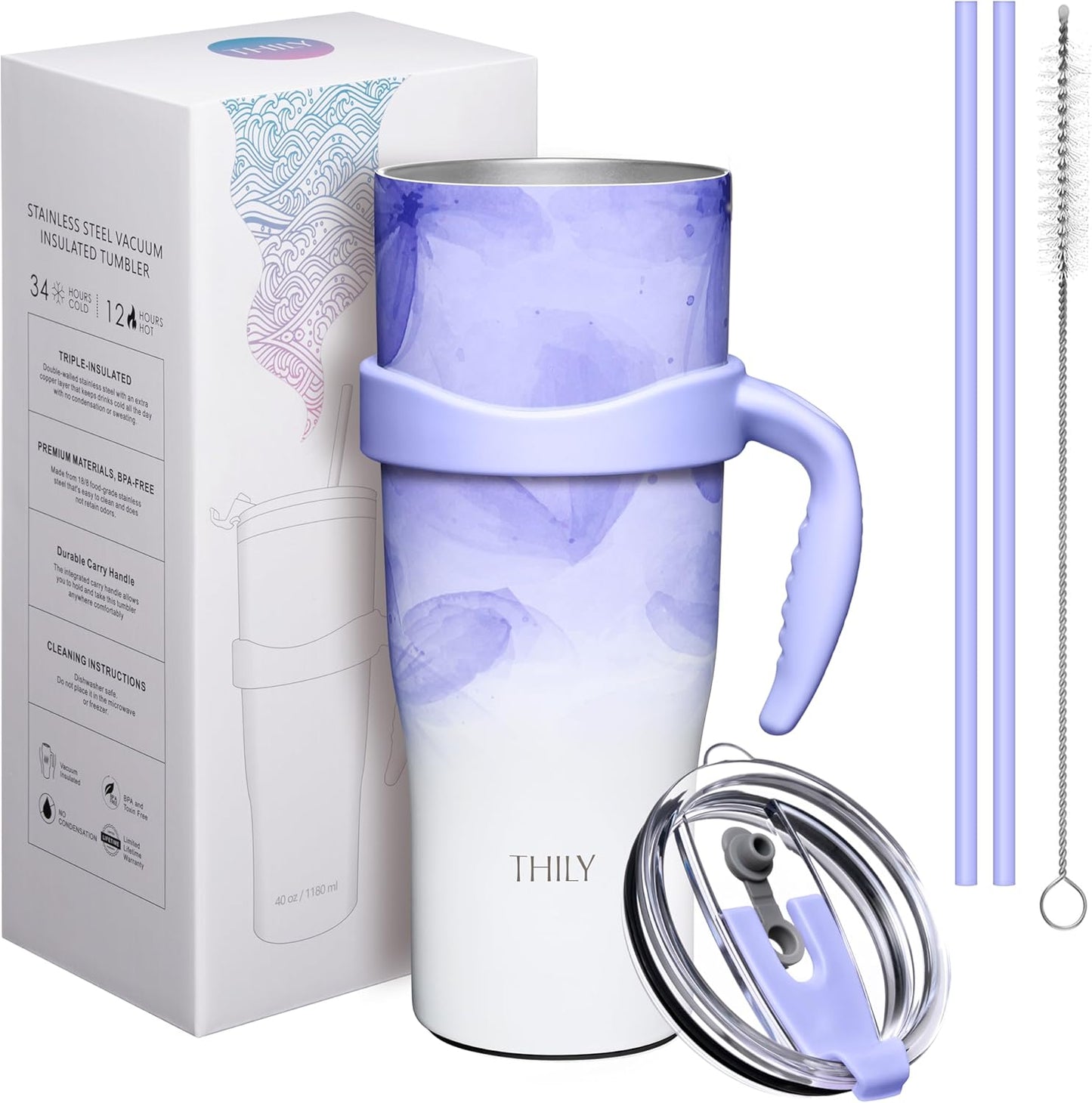 THILY 40 oz Insulated Tumbler with Handle - Stainless Steel Coffee Travel Mug with Lid and Straws, Keep Drinks Cold for 34 Hours or Hot for 12 Hours, Violet Leaves