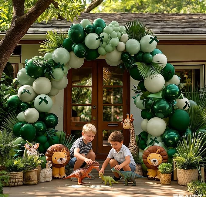 Emerald Green Balloon Arch Kit with Bow, Double Stuffed Dark Forest Hunter Green Dusty Pastel Light Green Balloon Garland for Birthday Bridal Baby Shower Graduation Jungle Safari Party Decoration
