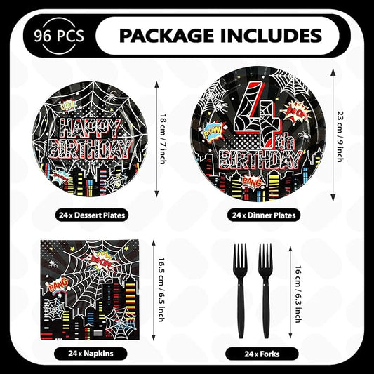 96 Pcs Spider 4th Birthday Party Supplies Black Spider 4th Birthday Plates Disposable Cartoon Super Theme Hero Paper Tableware Set for Boys Kids Spider 4 Year Old Party Decorations Serves 24