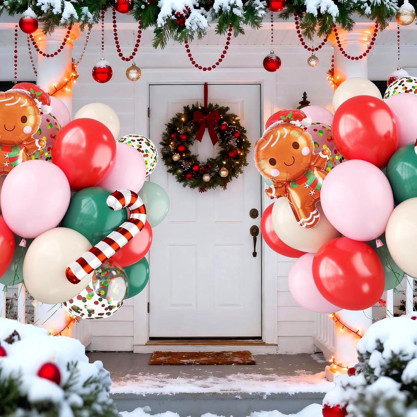 Christmas Balloons,12 Inch Pink Green Red Christmas Party Latex Balloons with Gingerbread Man Candy Cane Foil Balloon,for Xmas Baby Shower New Year Holiday Birthday Party Decor